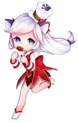  1girl arcelle bow commentary english_commentary food fruit full_body grey_eyes hat highres long_sleeves looking_at_viewer paw_print ragnarok_online red_bow red_skirt running shirt shoes simple_background skirt solo soul_linker_(ragnarok_online) strawberry top_hat transparent_background white_hair white_hat white_shirt white_shoes 