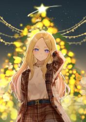 1girl belt black_belt blonde_hair blue_eyes blurry blush brown_coat brown_pants brown_sweater christmas_tree coat commentary cowboy_shot depth_of_field gakuen_idolmaster gradient_hair hand_in_own_hair highres idolmaster jewelry juo_sena long_sidelocks looking_at_viewer multicolored_hair nagi_(pickles_pipipi) necklace night night_sky pants parted_bangs pink_hair plaid_clothes plaid_coat plaid_pants sidelocks sky smile solo star_(sky) starry_sky streaked_hair sweater turtleneck turtleneck_sweater 