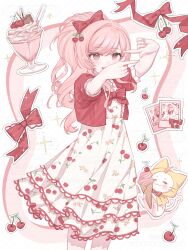  1girl =_= ahoge animal artist_request bare_arms bow bowtie cat cherry cherry_hair_ornament cherry_print chinese_commentary chocolate cloak closed_mouth clothed_animal commentary_request commission cowboy_shot dot_nose dress drinking_straw ear_covers eyelashes finger_frame floral_print food food-themed_hair_ornament food_print frilled_sleeves frills fruit fruit_print hair_bow hair_intakes hair_ornament happy high_side_ponytail highres holding holding_food holding_ice_cream holding_ice_cream_cone hood hood_up hooded_cloak ice_cream ice_cream_cone jacket lace-trimmed_dress lace_trim light_blush long_hair looking_ahead medium_dress milkshake momo_(nikki) nikki_(nikki) nikki_(series) open_clothes open_jacket open_mouth outline outside_border photo_(object) picture_frame pink_eyes pink_hair pleated_dress pocky print_dress puffy_short_sleeves puffy_sleeves red_bow red_bowtie red_jacket sample_watermark second-party_source short_sleeves smile sparkle striped_blush swept_bangs teeth traditional_bowtie upper_teeth_only watermark wavy_hair whiskers white_background white_cat white_dress white_outline yellow_cloak 