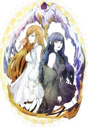  2girls ascot back-to-back belt black_ascot black_belt black_dress black_lips black_thighhighs blue_eyes blue_hair breasts commentary copyright_name dress eden_(final_fantasy) english_commentary final_fantasy final_fantasy_xiv gaia_(ff14) goth_fashion hair_ribbon hyur long_hair long_sleeves medium_breasts multiple_girls orange_hair pink_ribbon ribbon ruka_(blueplus84) ryne_waters sleeveless sleeveless_dress thigh-highs twitter_username white_dress zettai_ryouiki 