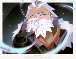  1boy absurdres beard black_gloves facial_hair fingerless_gloves fur-trimmed_jacket fur_trim gloves highres holding holding_jewelry holding_ring jacket jewelry kookirani long_sleeves lysandre_(pokemon) male_focus mega_ring parted_lips pokemon pokemon_legends:_z-a ring shirt upper_body 