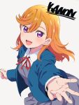  1girl :d bangs blazer blue_jacket blush character_name commentary_request eyebrows_visible_through_hair grey_shirt grey_vest haaam highres jacket long_sleeves looking_at_viewer love_live! love_live!_superstar!! medium_hair neck_ribbon open_clothes open_jacket open_mouth orange_hair red_ribbon ribbon school_uniform shibuya_kanon shirt simple_background smile solo teeth upper_teeth vest violet_eyes white_background white_shirt yuigaoka_school_uniform 