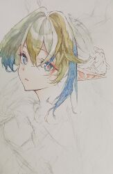  1girl ariji arknights blue_eyes blue_hair brown_hair commentary_request grey_hair hair_bun highres looking_at_viewer parted_lips pointy_ears shu_(arknights) solo traditional_media 