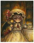  1girl ascot back_bow bat_wings bow brown_theme center_frills closed_mouth commentary_request cup expressionless eyebrows_visible_through_hair food frilled_shirt frills hat hat_ribbon highres holding kouba looking_at_viewer mob_cap painting_(medium) pudding purple_hair red_ascot red_bow red_eyes red_ribbon remilia_scarlet ribbon saucer shirt short_hair skirt solo table teapot touhou traditional_media white_headwear white_shirt white_skirt wings 