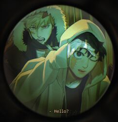  2boys 9_a_zq absurdres bakugou_katsuki black_eyes black_hair black_nails black_shirt blonde_hair boku_no_hero_academia english_text fingernails fur-trimmed_hood fur_trim grey_hoodie highres hood hood_up hoodie looking_at_viewer male_focus mask midoriya_izuku mouth_mask multiple_boys pov_peephole red_eyes scar scar_on_face scar_on_hand sharp_fingernails shirt short_hair spiky_hair teeth upper_body 