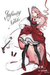  1girl absurdres animal_print antique_firearm artist_name bingdongdeningmengkuai black_gloves black_pantyhose blunderbuss cape character_name chinese_commentary closed_mouth commentary_request copyright_name dated dress dress_flower earrings elbow_gloves eyelashes flower full_body fur-trimmed_cape fur_trim gem gloves gun hand_on_own_hip high_heels highres holding holding_gun holding_weapon infinity_nikki jewelry leopard_print light_smile long_hair miniskirt necklace nikki_(nikki) nikki_(series) pantyhose pink_eyes pink_hair pleated_skirt print_dress red_cape red_dress red_flower red_gemstone red_ribbon red_rose red_shoes ribbon rose shoes simple_background single_stripe skirt skirt_under_dress sleeveless sleeveless_dress solo standing tiara train_(clothing) two-sided_dress two-sided_fabric unworn_cape wavy_hair weapon white_background white_skirt 