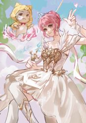  1girl :3 ahoge armor armored_boots bare_shoulders blue_sky boots bow bowtie breastplate brown_eyes chinese_commentary cloak closed_mouth clothing_cutout clouds coattails commentary_request dandan02067 day dress ear_covers earrings eyelashes feather-trimmed_sleeves feet_out_of_frame floating frilled_wrist_cuffs frills hair_bun hair_intakes hand_on_own_hip happy heart highres holding holding_sword holding_weapon hood hood_up hooded_cloak infinity_nikki jewelry knee_boots light_blush looking_at_viewer medium_dress melody_bloom_(infinity_nikki) momo_(nikki) nikki_(nikki) nikki_(series) outdoors over_shoulder pink_hair pleated_dress pointy_nose rapier red_bow red_bowtie ribbon short_hair short_sleeves shoulder_cutout sidelocks single_hair_bun single_wrist_cuff sky smile sword textless_version thigh-highs tiara traditional_bowtie updo v weapon weapon_over_shoulder whiskers white_boots white_dress white_ribbon white_thighhighs white_wrist_cuffs wrist_cuffs yellow_cloak 