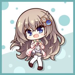  1girl 9-nine- :d aoniku_yaris aqua_background aqua_border belt blue_eyes blush_stickers border bow bowtie brown_hair brown_shoes cardigan commentary dress eyes_visible_through_hair floating_hair full_body gear_hair_ornament grey_belt hair_between_eyes hair_ornament hakusen_academy_school_uniform hands_up happy heart heart_hands highres kujou_miyako loafers long_hair long_sleeves looking_at_viewer open_cardigan open_clothes open_mouth pink_bow pink_bowtie pink_cardigan school_uniform shoes short_dress simple_background smile solo standing star_(symbol) star_print thigh-highs two-tone_background very_long_hair white_background white_dress white_thighhighs wing_hair_ornament zettai_ryouiki 