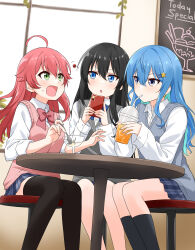  3girls absurdres ahoge black_hair blue_bow blue_bowtie blue_eyes blue_hair blush bow bowtie breasts buttons cellphone collared_shirt cup drink drinking drinking_straw drinking_straw_in_mouth felutiahime hair_between_eyes highres holding holding_cup holding_drink holding_phone hololive hoshimachi_suisei ice ice_cube long_hair long_sleeves multiple_girls original phone pink_bow pink_bowtie pink_hair sakura_miko school_uniform shirt skirt smartphone sweater taking_picture virtual_youtuber white_shirt wing_collar 