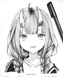  1girl ahoge braid braided_twintails commentary corrupted_twitter_file cropped_shoulders dot_nose english_commentary greyscale hair_over_shoulder highres hololive horns long_hair monochrome nakiri_ayame nakiri_virus parted_lips pen_(medium) photo_(medium) shirt skin-covered_horns smile solo traditional_media twin_braids twitter_username virtual_youtuber 