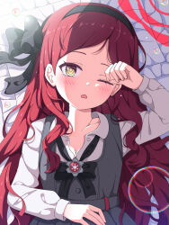  1girl black_bow black_bowtie black_hairband blue_archive blush bow bowtie collarbone commentary_request dress grey_dress hairband halo highres long_hair long_sleeves looking_at_viewer loose_bowtie lying mikoshi_(user_wvyd4348) on_back one_eye_closed open_mouth pinafore_dress puffy_long_sleeves puffy_sleeves red_hair red_halo shirt sleeveless sleeveless_dress solo takane_(blue_archive) triangle_mouth waking_up wavy_hair white_shirt yellow_eyes 