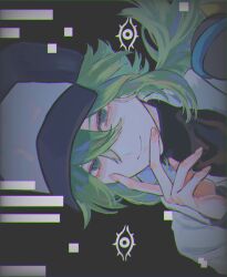  1boy arm_up baseball_cap black_shirt cinn_a0 closed_mouth crossed_bangs double-parted_bangs green_eyes green_hair hand_on_own_face hashtag-only_commentary hat highres long_hair male_focus n_(pokemon) open_clothes open_shirt pokemon pokemon_bw ponytail shirt sideways smile solo upper_body white_shirt 