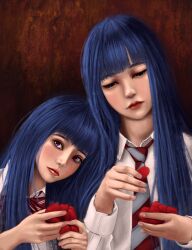 2girls absurdres aged_up blue_hair bow bowtie brown_background closed_mouth collared_shirt diagonal-striped_bow diagonal-striped_bowtie diagonal-striped_clothes diagonal-striped_necktie dual_persona flower furude_rika half-closed_eyes hashtag-only_commentary head_on_another's_shoulder head_tilt highres higurashi_no_naku_koro_ni holding holding_flower leaning_on_person lips long_hair long_sleeves looking_down multiple_girls necktie nose oreosan realistic red_bow red_bowtie red_necktie school_uniform shirt straight_hair striped_bow striped_bowtie striped_clothes time_paradox upper_body violet_eyes white_shirt wing_collar 