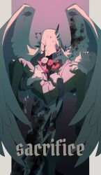  2boys absurdres angel_wings blonde_hair blue_coat border carrying carrying_person charon_(reverse:1999) coat commentary covered_face dog_tags eberhard_braun english_commentary english_text feathered_wings flower gloves green_jacket green_pants grey_background grey_border highres holding_dog_tags jacket male_focus military_uniform multiple_boys outside_border pants pillarboxed poppy_(flower) princess_carry purple_background red_flower reverse:1999 short_hair takiminada thorns veil white_flower white_gloves white_veil white_wings wings 