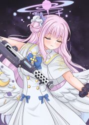  1girl angel_wings blue_archive blue_bow bow breasts buttons capelet closed_eyes closed_mouth commentary_request double-breasted dress feathered_wings flower gold_trim gun hair_bun hair_flower hair_ornament highres hjhtp holding holding_gun holding_weapon lanchester_smg long_hair low_wings medium_breasts mika_(blue_archive) overskirt pink_hair scrunchie single_hair_bun single_side_bun solo submachine_gun very_long_hair weapon white_capelet white_dress white_overskirt white_wings wings wrist_scrunchie 