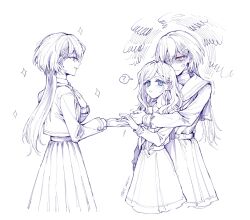  3girls ? anger_vein blazer blue_eyes ceras_yanagida_lilienfeld commentary dress dual_persona edel_note glaring hair_ornament hand_on_own_chest hasu_no_sora_school_uniform highres jacket jellyfish_cut katsuragi_izumi link!_like!_love_live! long_hair long_sleeves love_live! mizukawa_school_uniform multiple_girls neckerchief orange_eyes pleated_dress pleated_skirt profile sailor_collar sailor_dress school_uniform signature simple_background skirt sparkle spoken_question_mark squiggle symbol-only_commentary taking_another's_hand time_paradox triangle_hair_ornament virtual_youtuber white_background winter_uniform yrxy_settingsun 