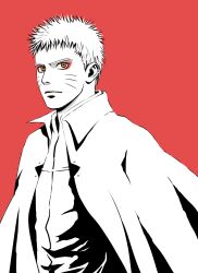  1boy boruto:_naruto_next_generations collared_cape commentary_request expressionless eyeliner greyscale_with_colored_background highres light_frown makeup male_focus matsu_(fu6ide2) naruto_(series) orange_eyes red_background red_eyeliner sennin_mode solo spot_color upper_body uzumaki_naruto 