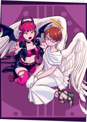  2girls angel_and_devil angel_wings aqua_eyes bat_wings belt black_boots black_choker black_jacket black_sandals black_shorts boots breasts brown_hair choker claw_pose commentary crop_top cross-laced_clothes cross-laced_top demon_horns demon_tail dress fake_halo fake_horns fangs fingernails glasses gloves hairband halo hands_up headphones horn_hairband horns jacket katori_youko long_fingernails long_hair long_sleeves looking_at_viewer multiple_girls navel ohhhhhhtsu open_mouth pink_belt pink_nails pink_thighhighs pink_top purple_background red_hair sandals short_hair shorts somei_hana tail thigh-highs torn_clothes torn_thighhighs twitter_username white_dress white_gloves white_wings wing_hug wings world_trigger yellow_eyes 