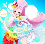  1girl a_syu_z aqua_background aqua_dress bare_shoulders boots cream cure_parfait dress food food-themed_hair_ornament fruit full_body green_eyes hair_between_eyes hair_ornament highres jewelry kirahoshi_ciel kirakira_precure_a_la_mode long_hair magical_girl multicolored_clothes multicolored_skirt necklace open_mouth orange_(fruit) orange_slice parfait pink_hair ponytail precure rainbow skirt solo strapless very_long_hair white_footwear wings 