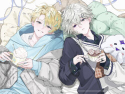  2boys absurdres black_shirt blonde_hair blue_hair blue_hoodie blue_ribbon braid character_doll collared_shirt colored_tips commentary cup doll english_commentary food frown green_eyes grey_eyes grey_jacket grin heterochromia hibachi_mana highres holding holding_cup hood hoodie hot_chocolate jacket jewelry kokuto_(bsmilk) looking_at_viewer lying male_focus marshmallow multicolored_hair multiple_boys multiple_rings murakumo_kagetsu nijisanji on_back pillow ribbon ring shirt short_braid short_hair side_braid smile stuffed_toy sweater sweater_vest upper_body violet_eyes virtual_youtuber watakumo_(murakumo_kagetsu) white_sweater yellow_ribbon 