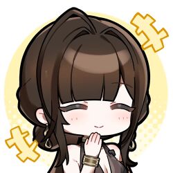  +++ 1girl artist_request brown_hair chibi chibi_only closed_eyes dress dsr-50_(girls'_frontline) evening_gown girls'_frontline_2:_exilium girls_frontline hair_intakes hand_to_own_mouth loreley_(girls'_frontline_2) lowres official_art second-party_source solo 