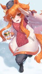  1girl absurdres animal_ears black_boots black_leggings blush boots bow can carrot coat commentary drink_can ear_bow english_commentary hair_between_eyes hat highres holding holding_can horse_ears horse_girl horse_tail incloud leggings long_hair long_sleeves looking_at_viewer mayano_top_gun_(umamusume) open_mouth orange_eyes orange_hair orange_tail red_scarf salute scarf smile solo tail teeth two_side_up umamusume white_coat winter_clothes winter_coat 
