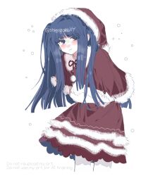 1girl blue_eyes blue_hair blush capelet commentary_request fur-trimmed_capelet fur_trim furudo_erika hat highres long_hair looking_at_viewer pom_pom_(clothes) red_capelet red_hat red_skirt santa_hat shirozakura simple_background skirt smile snowing solo twintails twitter_username umineko_no_naku_koro_ni white_background 