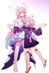  2girls apple_cafemocha aqua_hair bare_shoulders breasts coat cyrene_(aedes_elysiae)_(honkai:_star_rail) cyrene_(honkai:_star_rail) cyrene_(ripples_of_past_reverie)_(honkai:_star_rail) dancing diamond-shaped_pupils diamond_(shape) dress dual_persona flower full_body hair_flower hair_ornament hashtag-only_commentary high_heels highres honkai:_star_rail honkai_(series) large_breasts long_hair multicolored_hair multiple_girls pink_hair purple_coat sandals short_hair simple_background smile symbol-shaped_pupils two-tone_hair very_long_hair violet_eyes white_background white_dress 