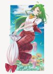  1girl ahoge ascot bangs blue_sky blush breasts closed_mouth commentary earrings flats flower full_body garden_of_the_sun green_eyes green_hair highres jewelry kazami_yuuka kazami_yuuka_(pc-98) large_breasts long_hair looking_at_viewer milll_77 outside_border pants parasol plaid plaid_pants plaid_vest puffy_pants puffy_short_sleeves puffy_sleeves red_vest shirt short_sleeves sidelocks sky smile solo sunflower touhou umbrella vest white_footwear white_shirt yellow_ascot 
