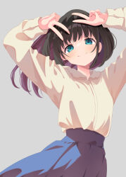  1girl arms_up black_hair blue_eyes blue_skirt blush casual closed_mouth colored_inner_hair commentary cowboy_shot double_v floating_hair grey_background happy high-waist_skirt highres long_hair looking_at_viewer minase_kaya multicolored_hair original pleated_skirt purple_hair shirt simple_background skirt sleeves_past_wrists smile solo symbol-only_commentary tareme two-tone_hair v v_over_head yellow_shirt 
