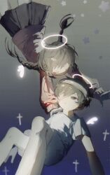  1boy 1girl absurdres angel_wings bandaged_head bandages black_eyes black_hair black_skirt braid brown_hair closed_eyes commentary crossover eyepatch halo highres hospital_gown long_hair long_sleeves looking_at_another low_twin_braids madotsuki medical_eyepatch omori red_sweater short_hair short_sleeves skirt spoilers sunny_(hospital_gown)_(omori) sunny_(omori) sweater symbol-only_commentary tomomu_0 twin_braids wings yume_nikki 