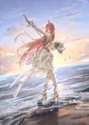 1girl absurdres armor backlighting bare_shoulders blue_sky boots bouquet breastplate chinese_commentary closed_eyes closed_mouth clouds coattails commentary_request dress earrings expressionless falling_petals fighting_stance floating_clothes floating_hair flower frilled_dress frilled_wrist_cuffs frills full_body gradient_sky hair_down high_heel_boots high_heels highres holding holding_behind_back holding_bouquet holding_sword holding_weapon infinity_nikki jewelry light_particles long_hair medium_dress melody_bloom_(infinity_nikki) miyouer nikki_(nikki) nikki_(series) ocean off-shoulder_dress off_shoulder orange_sky outdoors petals pink_hair pleated_dress poleyn rapier ribbon rose rose_petals shadow shore short_sleeves sky socks solo standing sun sunset sword thigh-highs tiara very_long_hair weapon white_boots white_dress white_flower white_ribbon white_rose white_socks white_wrist_cuffs wind wrist_cuffs 