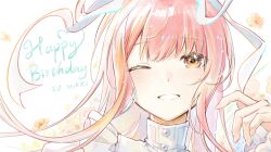  absurdres brown_eyes buttons commentary_request dated dot_nose dress english_text fingernails floral_background flower frilled_dress frills grin hair_ribbon hand_up happy happy_birthday highres juliet_sleeves kisaragi_1go large_ribbon long_hair long_sleeves looking_at_viewer nikki_(nikki) nikki_(series) one_eye_closed petals pink_flower pink_hair portrait puffy_sleeves qianyimuthyimu ribbon smile solo turtleneck turtleneck_dress white_background white_dress white_ribbon 