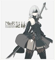  10h_(nier_reincarnation) 1girl black_dress black_sleeves black_thighhighs black_visor blindfold breasts closed_mouth copyright_name cowboy_shot d.k detached_sleeves dress garter_belt garter_straps grey_background grey_hair hair_over_one_eye highres medium_breasts medium_hair nier_(series) nier_reincarnation pelvic_curtain sleeveless sleeveless_dress solo sword sword_on_back thigh-highs weapon weapon_on_back 