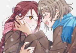 2girls :d absurdres blue_scarf blush brown_coat coat commentary_request half_updo hands_on_another's_cheeks hands_on_another's_face heads_together highres long_hair long_sleeves love_live! love_live!_sunshine!! multiple_girls one_eye_closed open_mouth pink_scarf profile red_hair sakurauchi_riko scarf short_hair simple_background smile snowing watanabe_you white_background winter_clothes winter_coat yellow_eyes yuchi_(salmon-1000) 