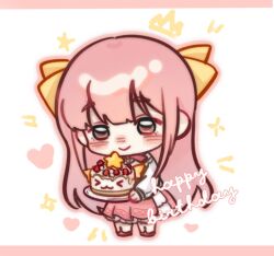  1girl alternate_hairstyle birthday birthday_cake blunt_bangs blush_stickers border bow bow_choker bowtie brown_eyes cake chibi chinese_commentary choker chun1247 closed_mouth commentary_request english_text eyelashes food frilled_shirt frilled_skirt frills hair_bow happy happy_birthday holding holding_cake holding_food infinity_nikki layered_skirt letterboxed long_hair long_sidelocks long_sleeves looking_ahead medium_skirt nikki_(nikki) nikki_(series) notice_lines off-shoulder_shirt off_shoulder outline perfect_start_(infinity_nikki) pink_border pink_bow pink_bowtie pink_choker pink_hair pink_outline pink_shoes pink_skirt pleated_skirt puffy_long_sleeves puffy_sleeves shirt shoes sidelocks skirt smile solo sparkle standing very_long_hair wavy_hair white_background white_shirt white_skirt yellow_bow 