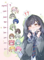  !? 1other 6+girls ? akiyama_mizuki azusawa_kohane black_hair black_jacket blonde_hair blue_eyes blue_hair blue_necktie blush braid braided_bangs brown_hair chibi chibi_inset closed_eyes collared_shirt commentary diagonal-striped_clothes diagonal-striped_necktie dress_shirt english_commentary gradient_hair green_eyes green_hair grey_eyes grey_hair grey_hat hair_ornament hairclip hanasato_minori hat heart highres hinomori_shiho hinomori_shizuku holding holding_own_hair jacket kamiyama_high_school_uniform_(project_sekai) kiritani_haruka kiss_meter_(meme) kusanagi_nene long_hair long_sleeves low-tied_sidelocks meme momoi_airi multicolored_hair multiple_girls necktie ootori_emu open_clothes open_jacket parallel_hairclips phynolcrystal pink_eyes pink_hair project_sekai school_uniform shinonome_ena shiraishi_an shirt short_hair side_braid sidelocks spoken_interrobang star_(symbol) striped_clothes tenma_saki twintails two_side_up v yellow_eyes 