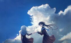  2girls black_hair brown_dress ceras_yanagida_lilienfeld clouds commentary cumulonimbus_cloud dress floating_hair grey_hair hair_ornament hasu_no_sora_school_uniform highres jellyfish_cut katsuragi_izumi link!_like!_love_live! long_hair long_sleeves looking_at_another love_live! medium_dress multiple_girls neckerchief orange_eyes photo_background pleated_dress sailor_collar sailor_dress school_uniform symbol-only_commentary taking_another's_hand triangle_hair_ornament turtleneck virtual_youtuber white_sailor_collar winter_uniform yellow_neckerchief yrxy_settingsun 