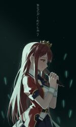  1girl absurdres commentary_request concert crown from_side glowstick hano9789 highres holding holding_microphone idol idolmaster idolmaster_million_live! idolmaster_million_live!_theater_days jacket korean_commentary long_hair microphone mini_crown necktie official_alternate_costume red_hair red_jacket shiny_trinity_(idolmaster) short_sleeves sidelighting solo standing tanaka_kotoha tears translation_request wrist_cuffs 