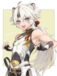  1boy :3 :d ahoge animal_ear_fluff animal_ears arm_guards artist_name bare_shoulders belt belt_pouch black_gloves black_headband black_ribbon black_shirt border brown_belt chinese_clothes claw_pose commentary_request covered_collarbone curtained_hair eyeliner fangs fingerless_gloves flipped_hair gloves green_background grey_hair hair_between_eyes hair_ornament hands_up headband highres iroiro_0w0 jewelry lingyang_(wuthering_waves) lion_boy lion_ears lion_tail long_hair looking_at_viewer low_ponytail makeup male_focus multicolored_hair necklace open_mouth outside_border parted_bangs ponytail pouch red_eyeliner ribbon shirt sidelocks simple_background sleeveless sleeveless_shirt smile solo tail teeth twitter_username upper_teeth_only violet_eyes white_border white_hair white_shirt wuthering_waves 