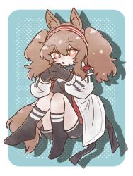  1girl :o angelina_(arknights) animal_ear_fluff animal_ears arknights black_collar black_gloves black_shorts black_socks blue_background border bright_pupils brown_hair coat collar commentary_request deformed dotted_background drop_shadow fox_ears fox_girl fox_tail full_body gloves hairband highres infection_monitor_(arknights) invisible_chair jacket kneehighs long_hair long_sleeves no_nose nunnuje_a_u_e open_clothes open_coat open_jacket open_mouth orange_eyes outside_border own_hands_clasped own_hands_together red_hairband red_jacket shorts sidelocks sitting socks solo striped_clothes striped_hairband tail twintails two-tone_hairband white_border white_coat white_pupils 