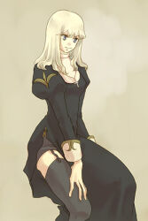  1girl black_dress black_thighhighs blonde_hair closed_mouth commentary_request cross cross_necklace dated_commentary dress feet_out_of_frame garter_straps grey_background hand_on_own_knee invisible_chair jewelry juliet_sleeves long_hair long_sleeves looking_afar lowres necklace oomojiya priest_(ragnarok_online) puffy_sleeves ragnarok_online side_slit simple_background sitting smile solo thigh-highs violet_eyes 