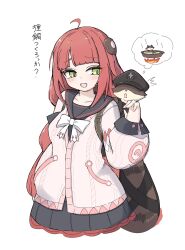  1girl ^^^ ahoge animal_on_back black_hat black_skirt blush braid braided_twintails cardigan chest_bow collarbone commentary_request green_eyes gusumandesuyo hand_up hat hearing_aid highres kamanosuke_(zenless_zone_zero) layered_skirt long_hair looking_at_animal open_mouth pink_cardigan raccoon red_hair simple_background skirt spoken_food tanuki translation_request ukinami_yuzuha white_background zenless_zone_zero 