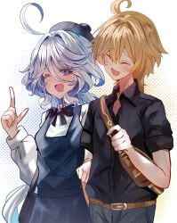  1boy 1girl aether_(genshin_impact) bag belt beret bimmy black_bow black_bowtie black_hat black_pants black_shirt black_skirt black_vest blonde_hair blue_eyes blue_hair bow bowtie brown_bag closed_eyes commentary english_commentary furina_(genshin_impact) genshin_impact hat highres long_sleeves multicolored_hair one_eye_closed open_mouth pants shirt shoulder_bag skirt smile streaked_hair vest white_hair white_shirt 