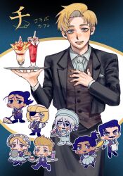  2girls 6+boys apron ascot badeni black_apron black_eyes black_gloves black_hair black_jacket black_pantyhose black_shoes blonde_hair blush bonnet braid brown_dress brown_eyes brown_vest chef_hat chi.:_chikyuu_no_undou_ni_tsuite chibi chibi_inset closed_mouth coat collared_shirt commentary_request copyright_name cowboy_shot cup draka_(chi.) dress eyepatch facial_hair fancy_dessert father_and_daughter food fried_egg gloves grey_eyes hair_between_eyes hair_bun hand_on_own_chest hat heterochromia highres holding holding_cup holding_money holding_pan holding_plate holding_teapot hubert_(chi.) jacket jolenta light_smile long_dress long_hair maid_apron money multiple_boys multiple_girls mustache mustache_stubble neckerchief nowak_(chi.) oczy official_alternate_costume open_mouth pantyhose parfait parted_bangs parted_lips plate pneko ponytail rafal_(chi.) scar scar_on_cheek scar_on_face scar_on_mouth scar_on_nose schmidt_(chi.) shirt shoes short_hair short_ponytail single_braid smile strawberry_parfait stubble suit_jacket swept_bangs teacup teapot tonsure towel towel_on_arm updo vest waist_apron waistcoat white_ascot white_bonnet white_coat white_neckerchief white_shirt white_shoes 