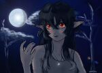  1girl absurdres black_hair blush hand_up highres irina_luminesk moon night non-web_source pointy_ears red_eyes solo vampire 