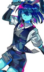  1other absurdres alternate_costume animal_ear_hairband animal_ears belt black_gloves black_shorts black_vest blue_hair blue_skin colored_skin commentary_request deltarune denim denim_shorts dress_shirt fake_animal_ears feet_out_of_frame gimkkanu gloves hair_between_eyes hairband hand_up highres korean_commentary kris_(dark_world)_(deltarune) kris_(deltarune) no_eyes other_focus parted_lips partially_fingerless_gloves rabbit_ear_hairband rabbit_ears shaded_face shirt short_hair short_sleeves shorts simple_background solo utdr_(toby_fox) vest white_background white_shirt white_wrist_cuffs wing_collar wrist_cuffs 