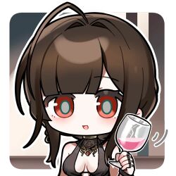  +++ 1girl artist_request brown_hair chibi chibi_only cup dress drinking_glass dsr-50_(girls'_frontline) evening_gown girls'_frontline_2:_exilium girls_frontline hair_intakes holding holding_cup loreley_(girls'_frontline_2) lowres official_art parted_lips red_eyes second-party_source solo wine_glass 