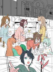  6+girls :d alarm_clock all_fours animal_ears black_hair blue_eyes brown_hair cabinet carrot_print clock cup domino_mask el_condor_pasa_(umamusume) eye_mask food_print fuji_kiseki_(umamusume) grass_wonder_(umamusume) green_eyes green_hair highres holding holding_cup holding_stuffed_toy horse_ears horse_girl horse_tail king_halo_(umamusume) lamp long_hair magazine_(object) mask multicolored_hair multiple_girls on_bed pajamas ponekusan ponytail seiun_sky_(umamusume) seiza short_hair silence_suzuka_(umamusume) sitting smile special_week_(umamusume) stuffed_toy tail tracen_academy two-tone_hair umamusume vase white_hair 