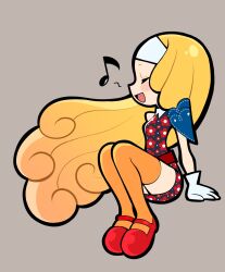  1girl blonde_hair chibi chibi_only commentary dress floral_print gloves gradient_hair grey_background hairband highres invisible_chair junah_(metaphor:_refantazio) koyuki0125k long_hair metaphor:_refantazio multicolored_hair music musical_note orange_eyes orange_thighhighs profile red_shoes shoes simple_background singing sitting solo thigh-highs very_long_hair white_gloves white_hairband 